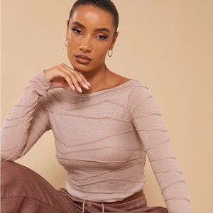 Mauve Textured Slash Neck Long Sleeve Top